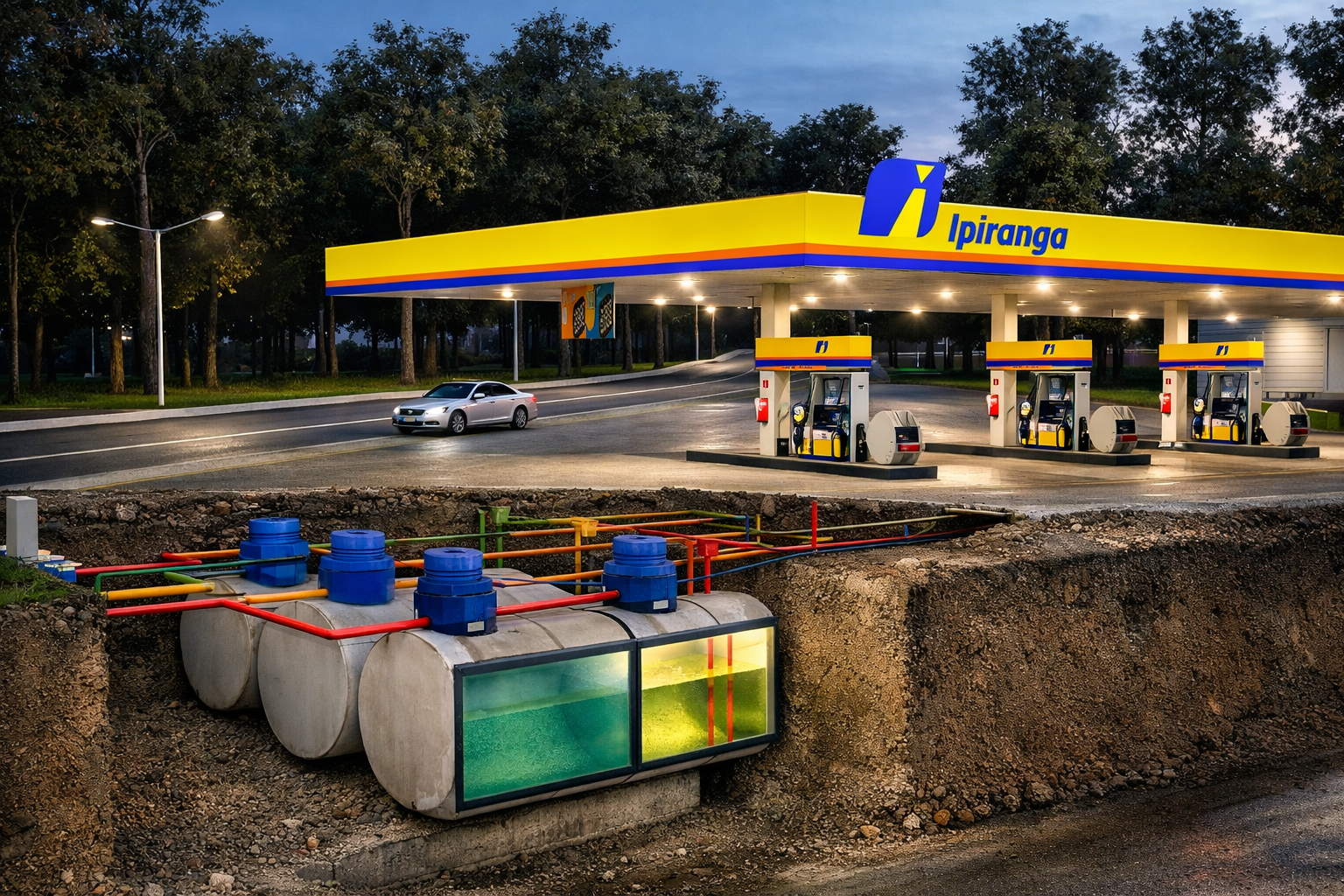 Imagem Posto com SASC em corte projeto de instalação de tanques e bombas para posto de combustível Cluster: projeto SASC, SASC posto de combustível, instalação de tanques subterrâneos, licenciamento CETESB